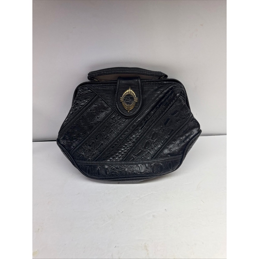 Vintage Black Embossed Patchwork Handbag Crocodile Ostrich Lizard Top Handle Bag - Picture 1 of 15
